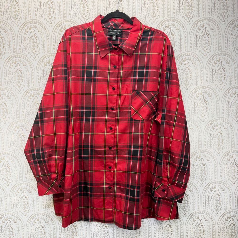 Foxcroft Plaid Button Down Shirt Womens 24W Red Wrinkle Free Shaped Fit Tartan